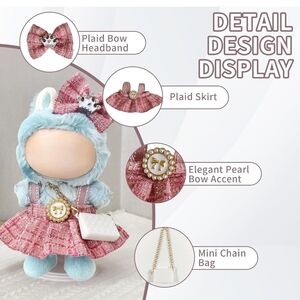 Labubu Plaid Bow Headband and Skirt Set for Doll